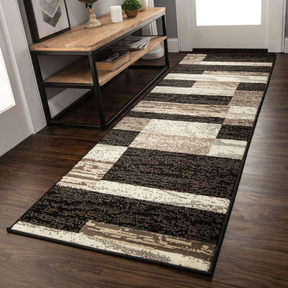 11' Black Brown And Beige Patchwork Runner Rug