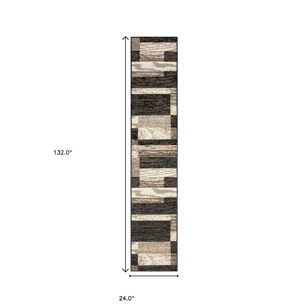 11' Black Brown And Beige Patchwork Runner Rug