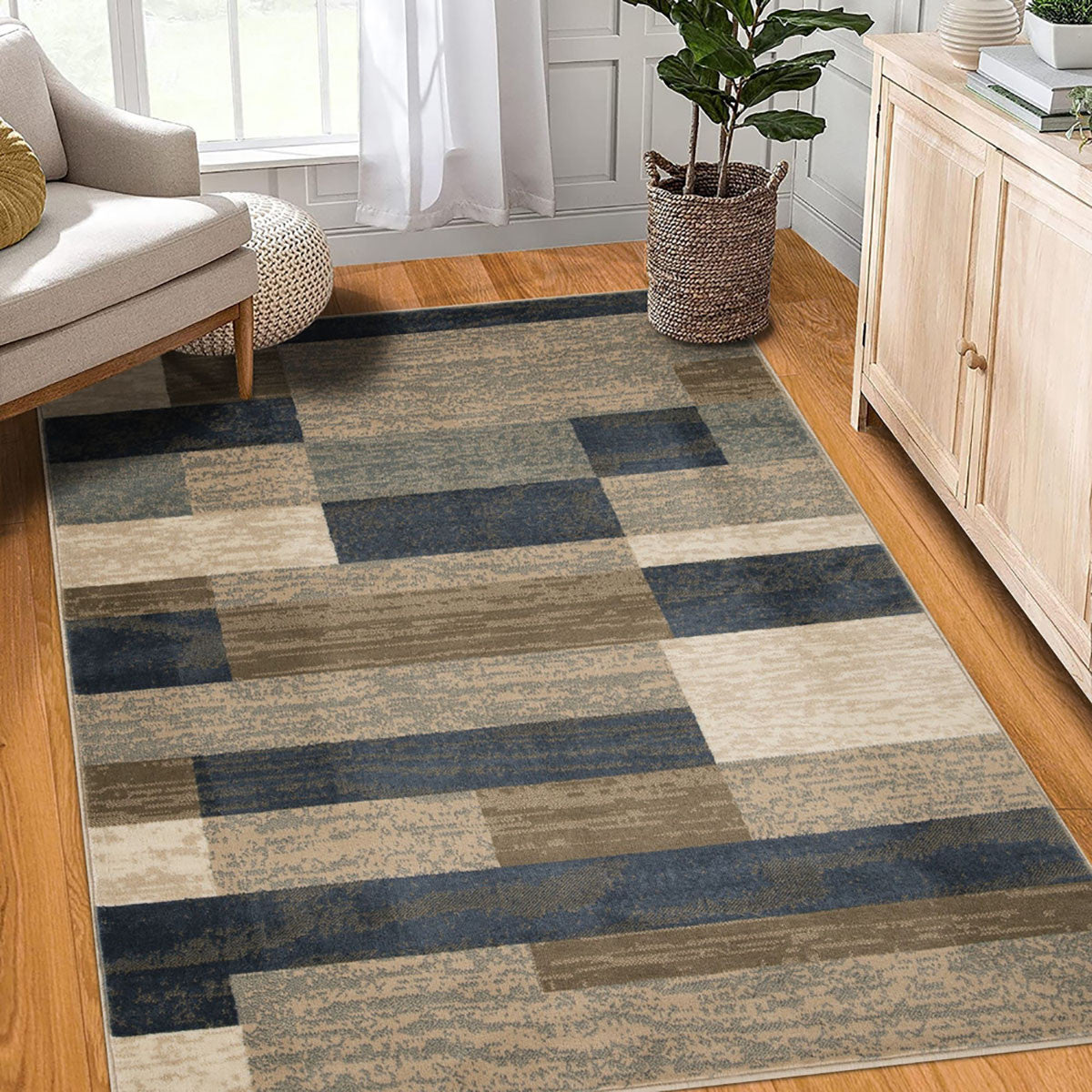 4' X 6' Midnight Navy Patchwork Power Loom Stain Resistant Area Rug