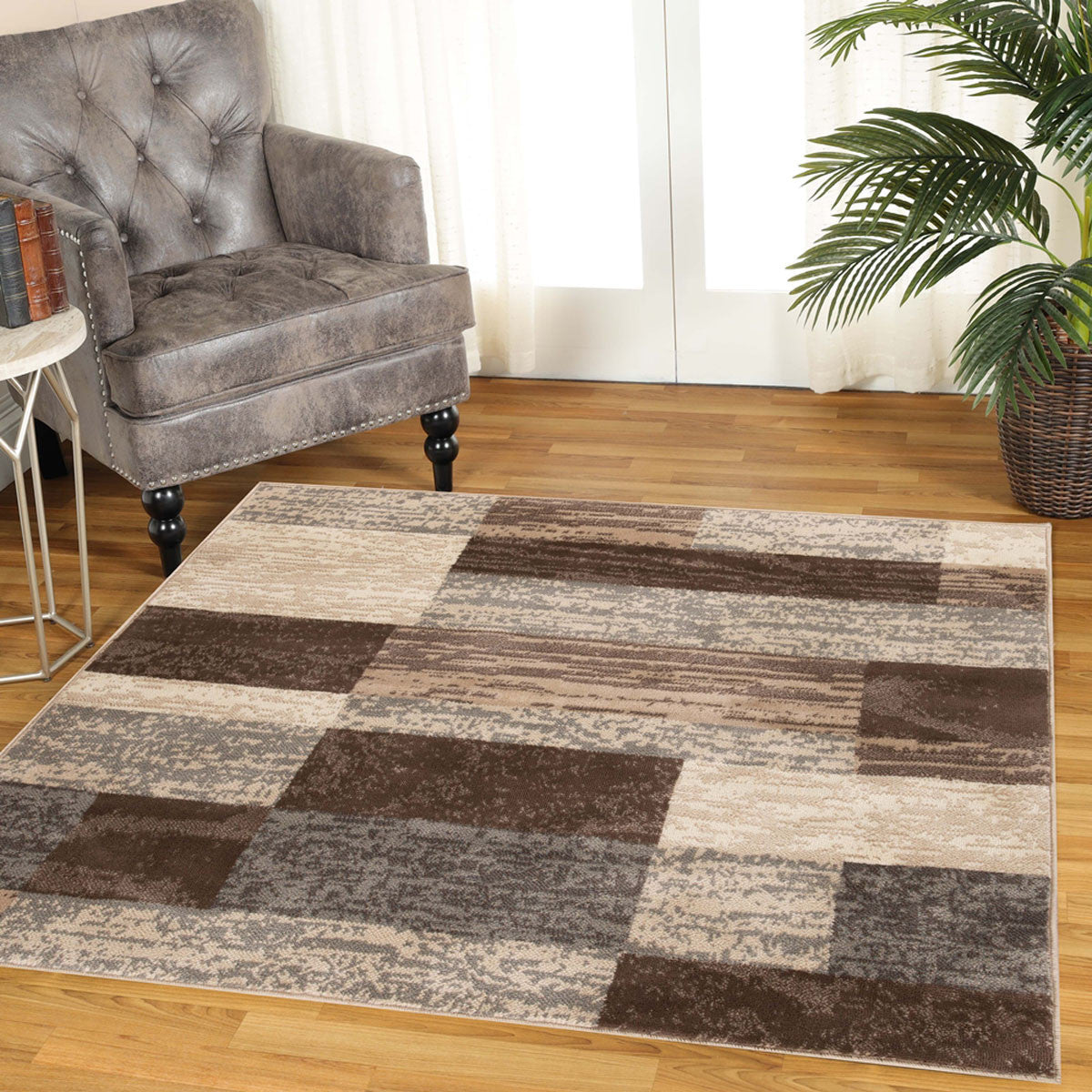 5' Square Slate Square Patchwork Power Loom Stain Resistant Area Rug