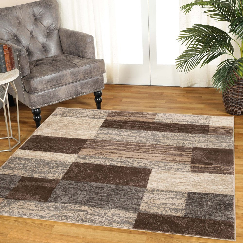 5' Beige Slate Gray And Brown Patchwork Square Rug