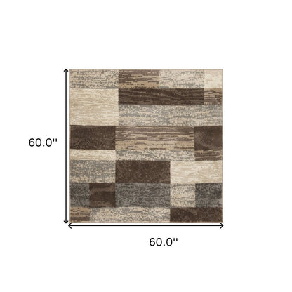 5' Beige Slate Gray And Brown Patchwork Square Rug
