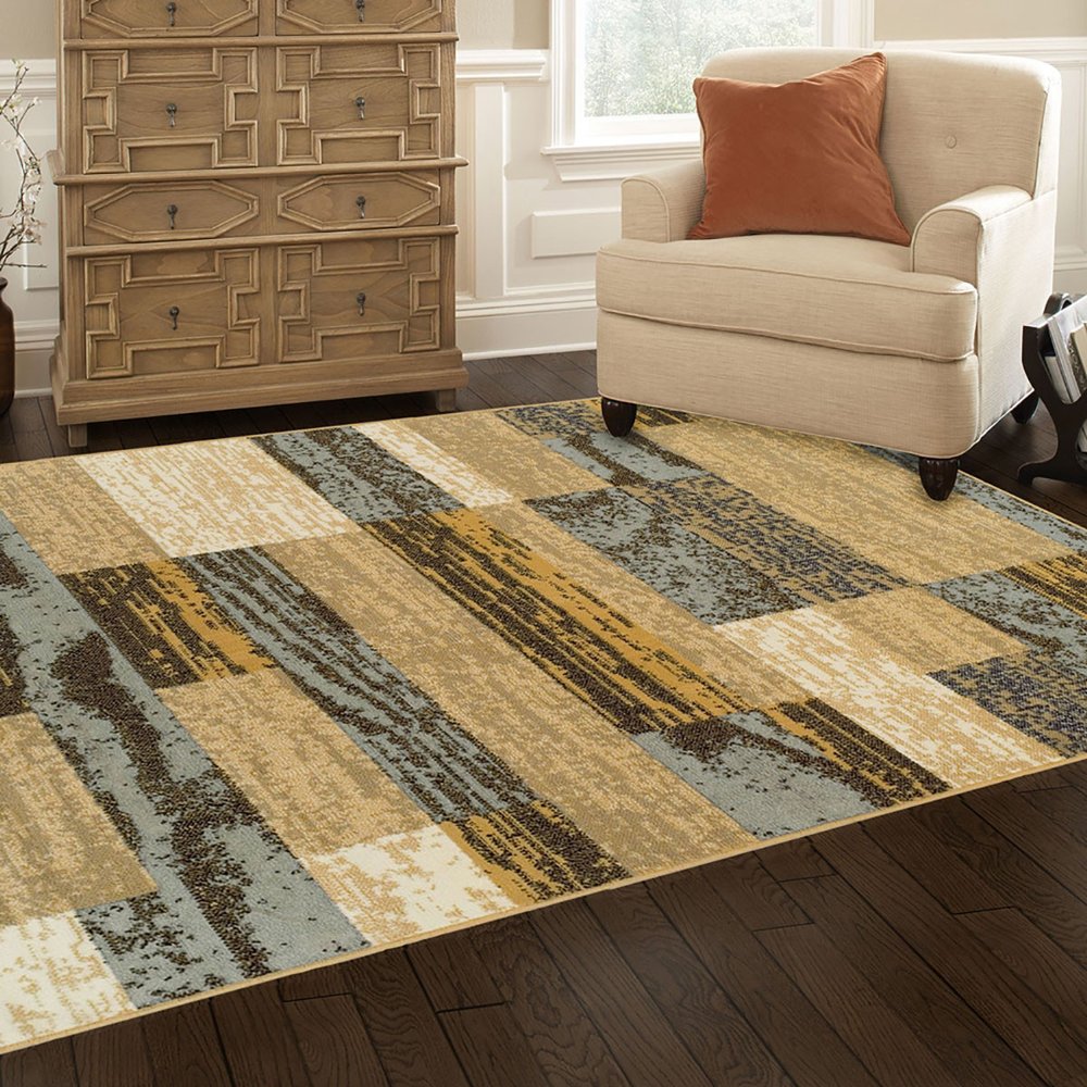 7' X 9' Blue And Beige Patchwork Area Rug