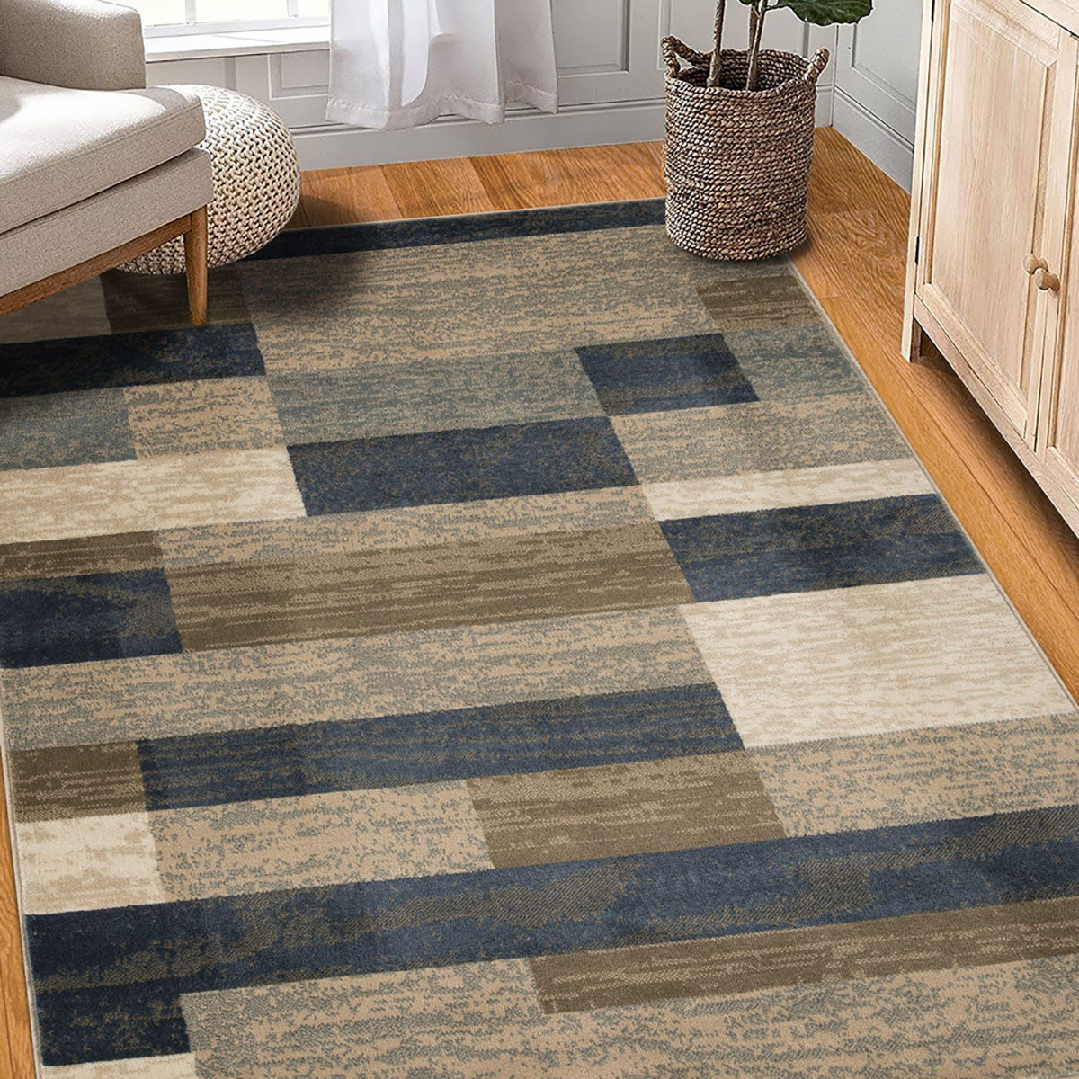 7' X 9' Midnight Navy Patchwork Power Loom Stain Resistant Area Rug