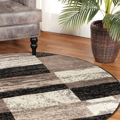 8' Black Brown And Beige Patchwork Round Rug