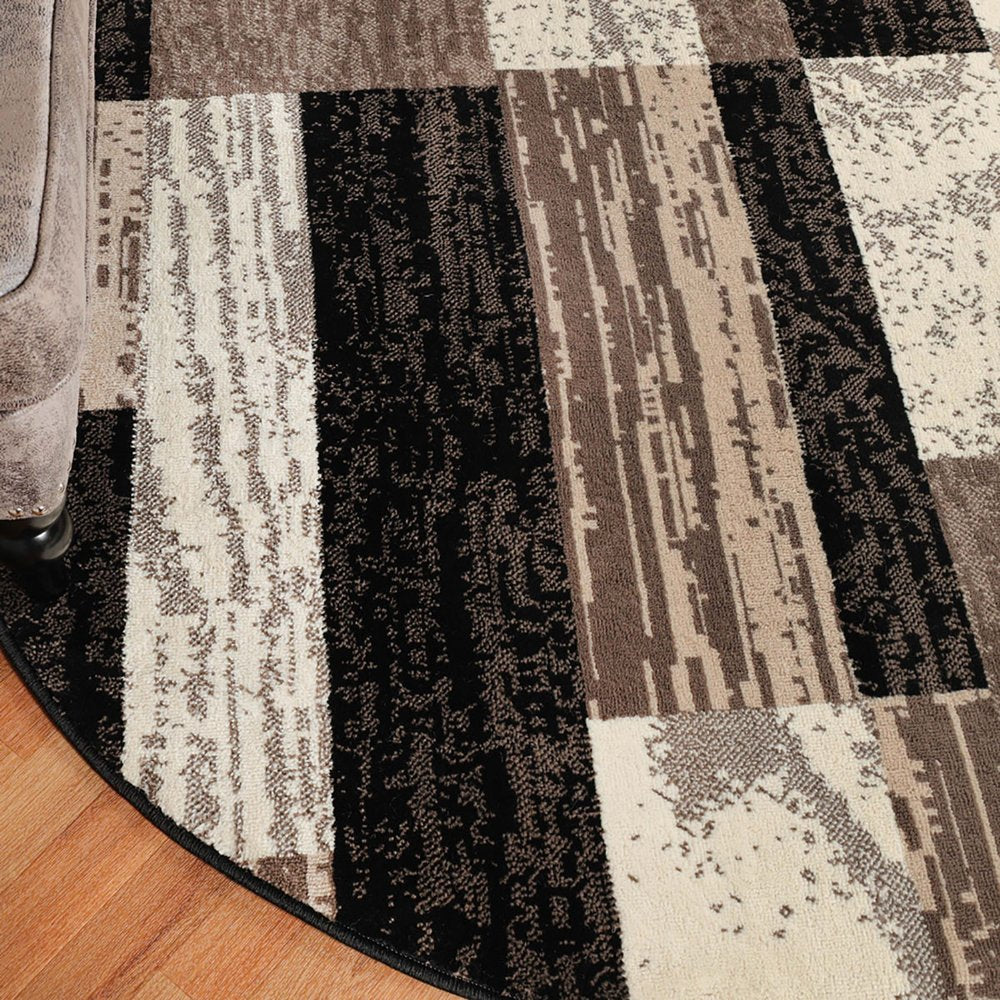 8' Black Brown And Beige Patchwork Round Rug