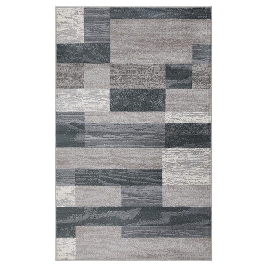 8' X 10' Blue And Taupe Patchwork Power Loom Stain Resistant Area Rug