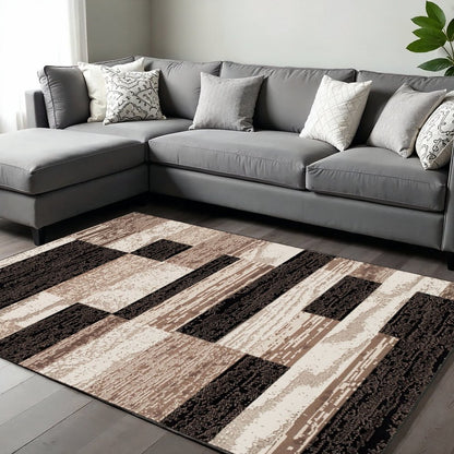 8' X 10' Black Brown And Beige Patchwork Area Rug