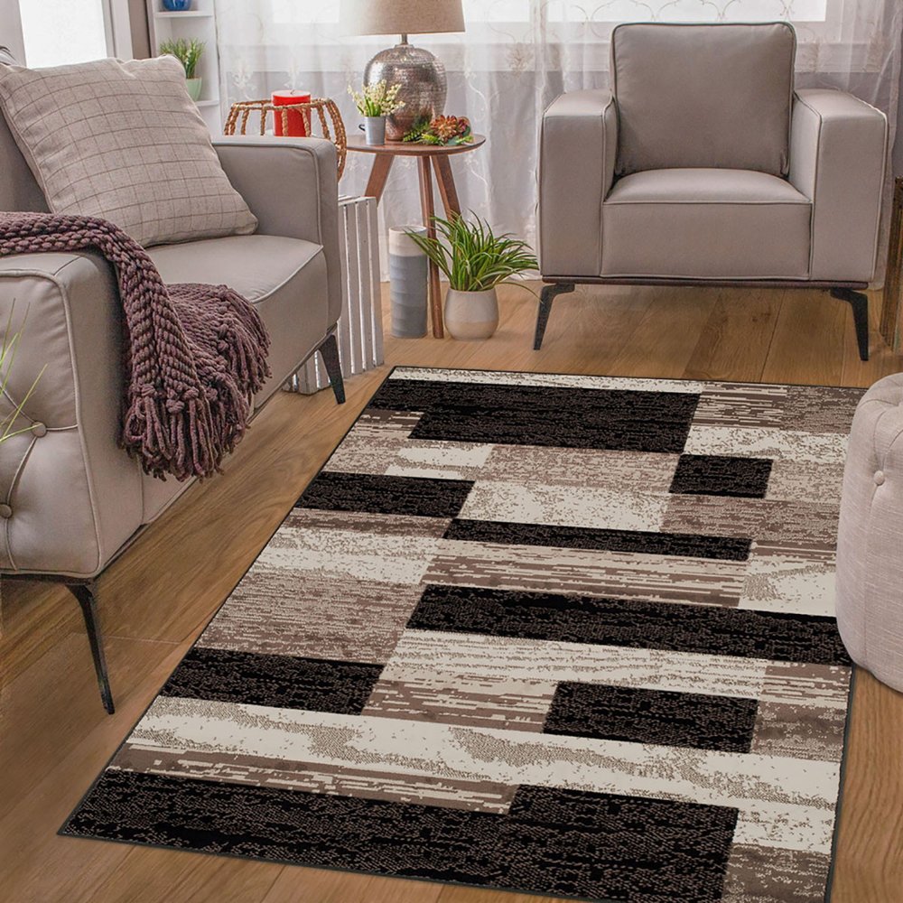 8' X 10' Black Brown And Beige Patchwork Area Rug