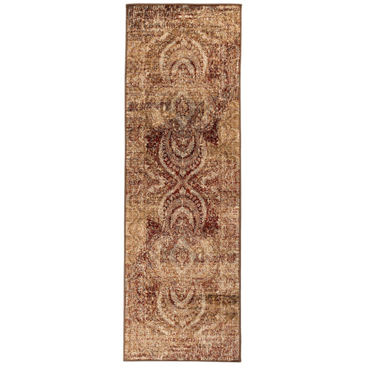 8' Maroon And Gold Abstract Power Loom Distressed Stain Resistant Runner Rug