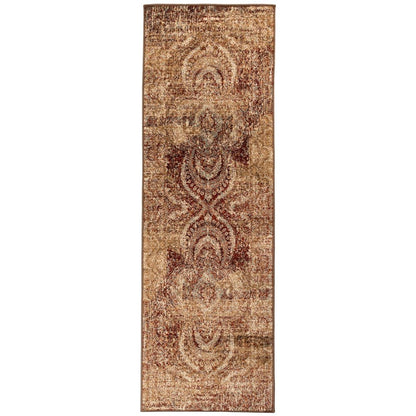 8' Gold And Maroon Abstract Distressed Runner Rug