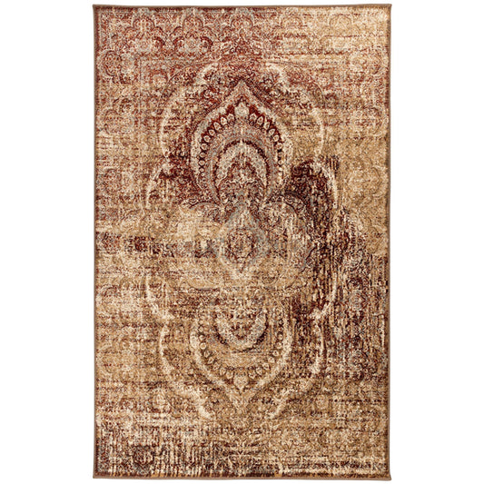 4' X 6' Maroon And Gold Abstract Power Loom Distressed Stain Resistant Area Rug