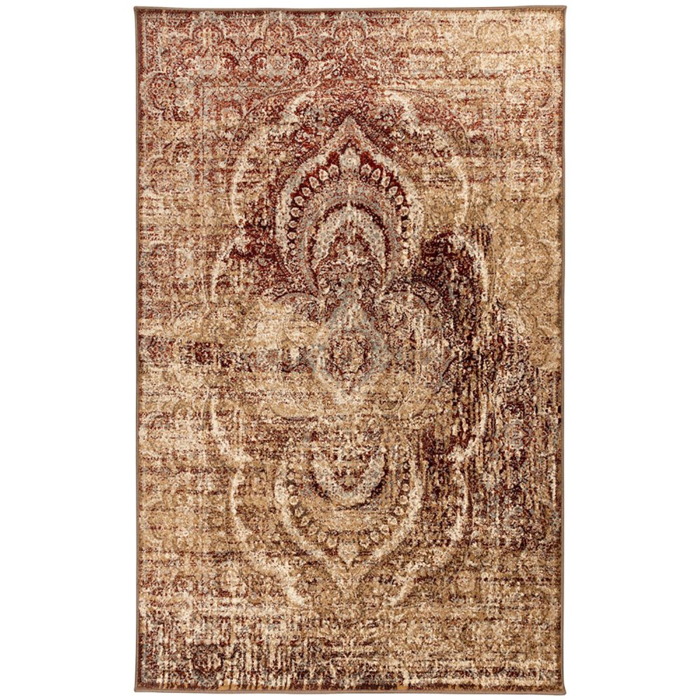 4' x 6' area rug in gold and maroon with an abstract distressed pattern.