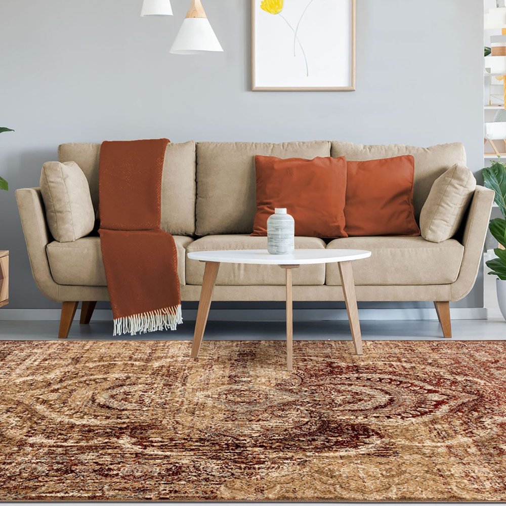 4' X 6' gold and maroon abstract distressed area rug