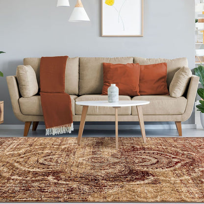 4' X 6' gold and maroon abstract distressed area rug