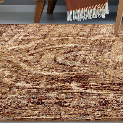 9' X 12' Gold And Maroon Abstract Distressed Area Rug