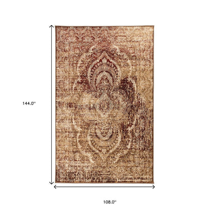 9' X 12' Gold And Maroon Abstract Distressed Area Rug