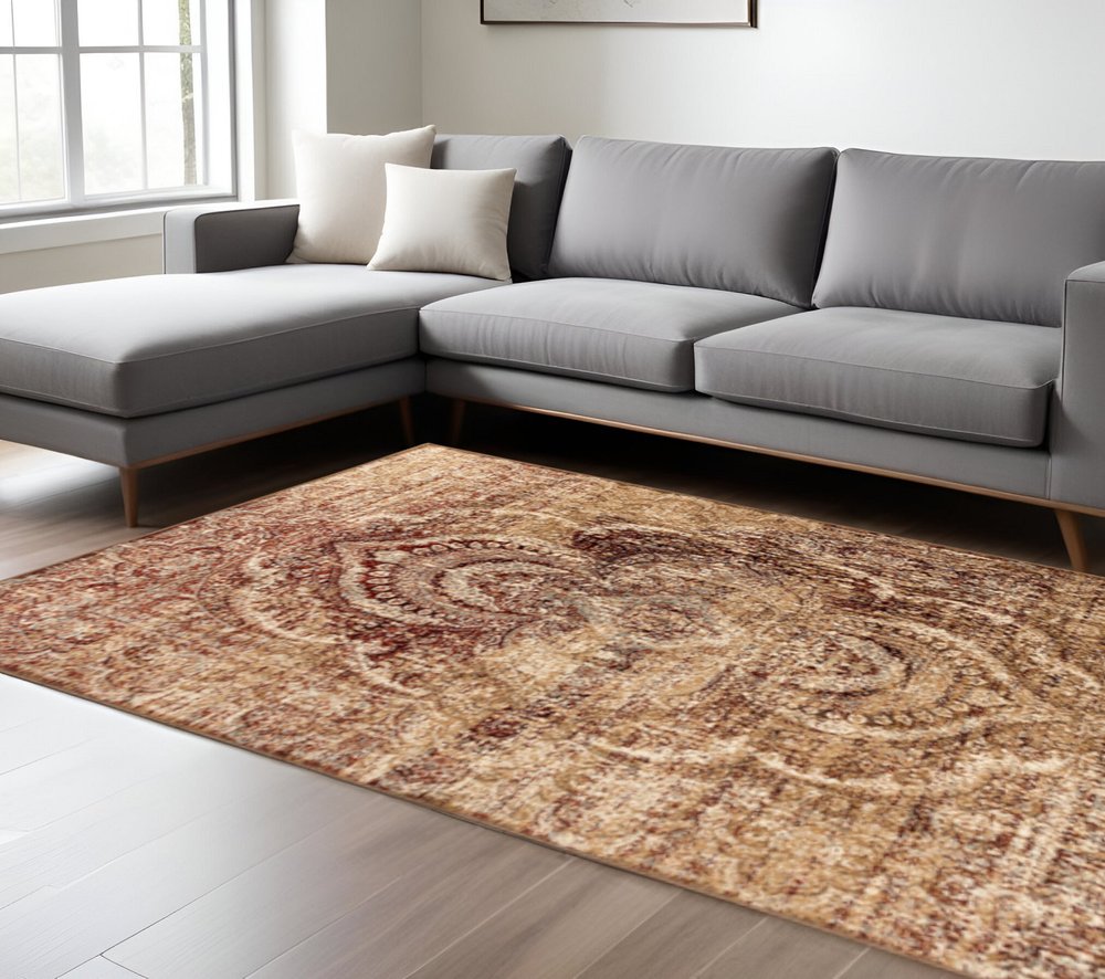 9' X 12' Gold And Maroon Abstract Distressed Area Rug