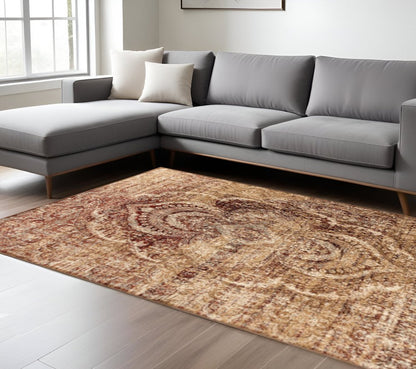 9' X 12' Gold And Maroon Abstract Distressed Area Rug