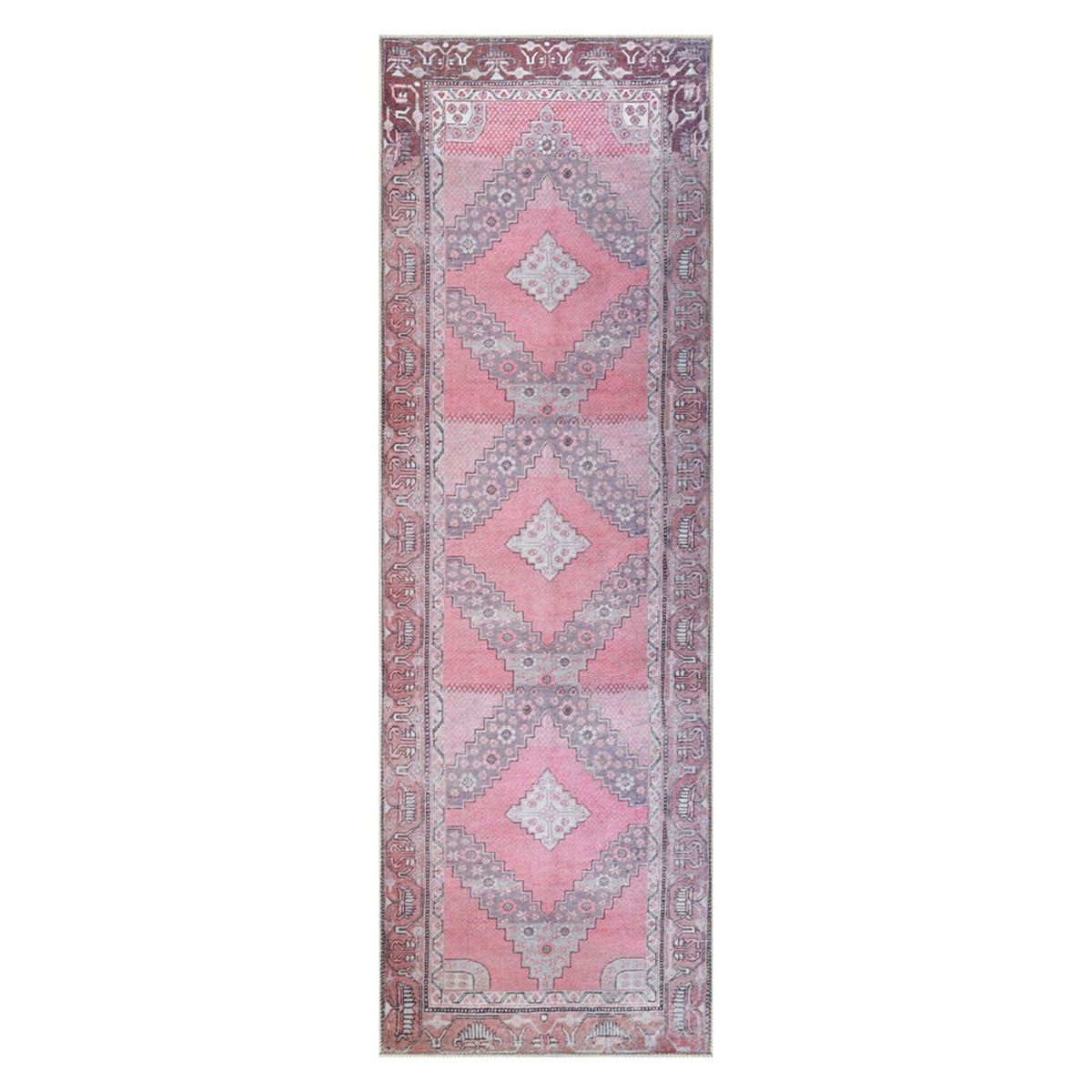 8' Pink Geometric Power Loom Distressed Stain Resistant Non Skid Runner Rug