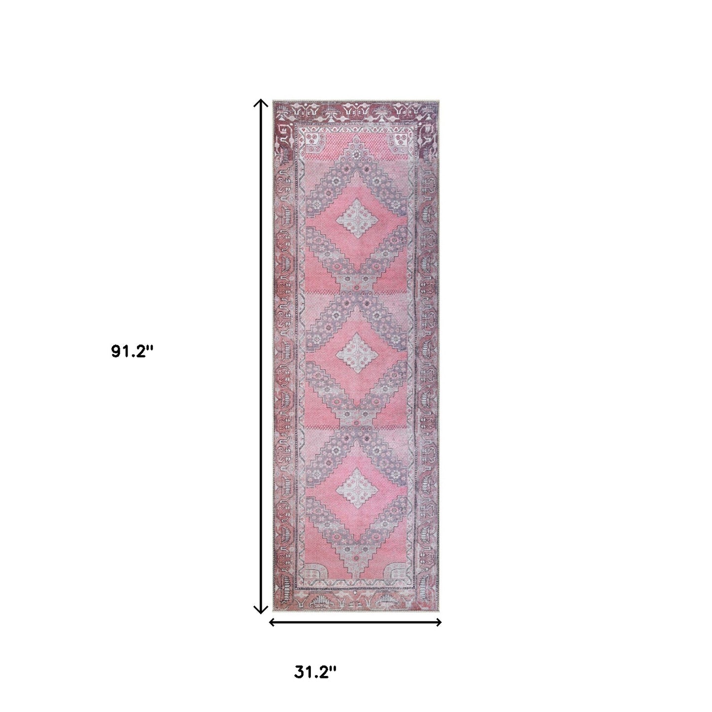 8' Pink Geometric Power Loom Distressed Stain Resistant Non Skid Runner Rug