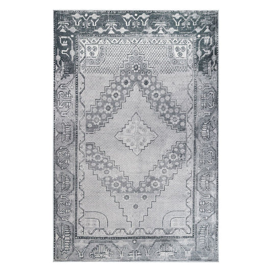 4' X 6' Light Gray Geometric Power Loom Distressed Stain Resistant Non Skid Area Rug