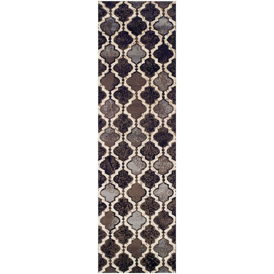 10' Brown Black And Ivory Quatrefoil Distressed Runner Rug