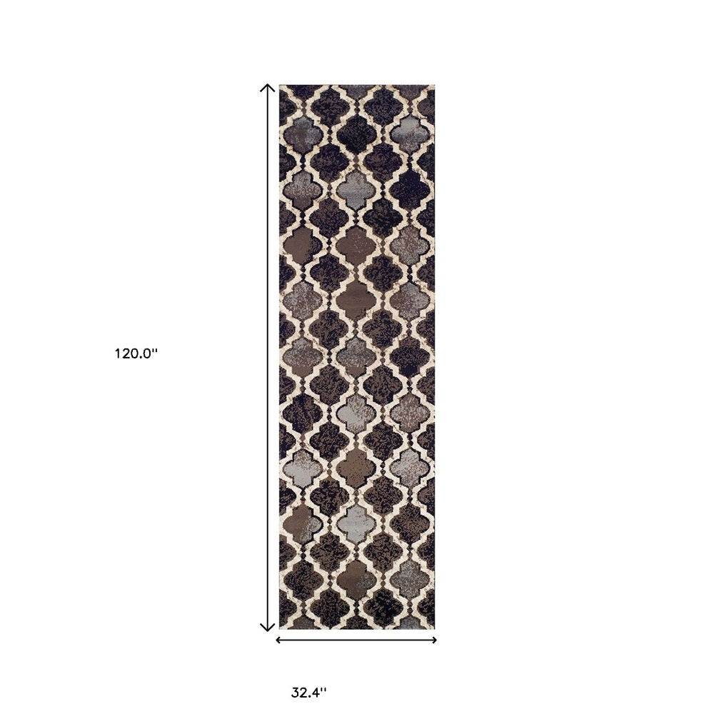 10' Brown Black And Ivory Quatrefoil Distressed Runner Rug