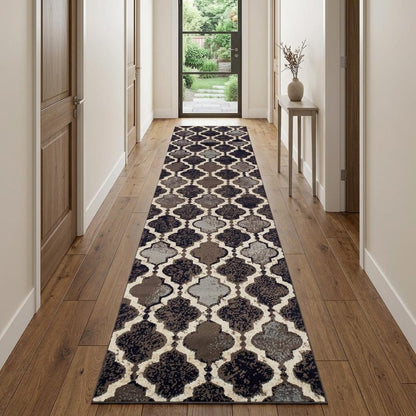 10' Brown Black And Ivory Quatrefoil Distressed Runner Rug
