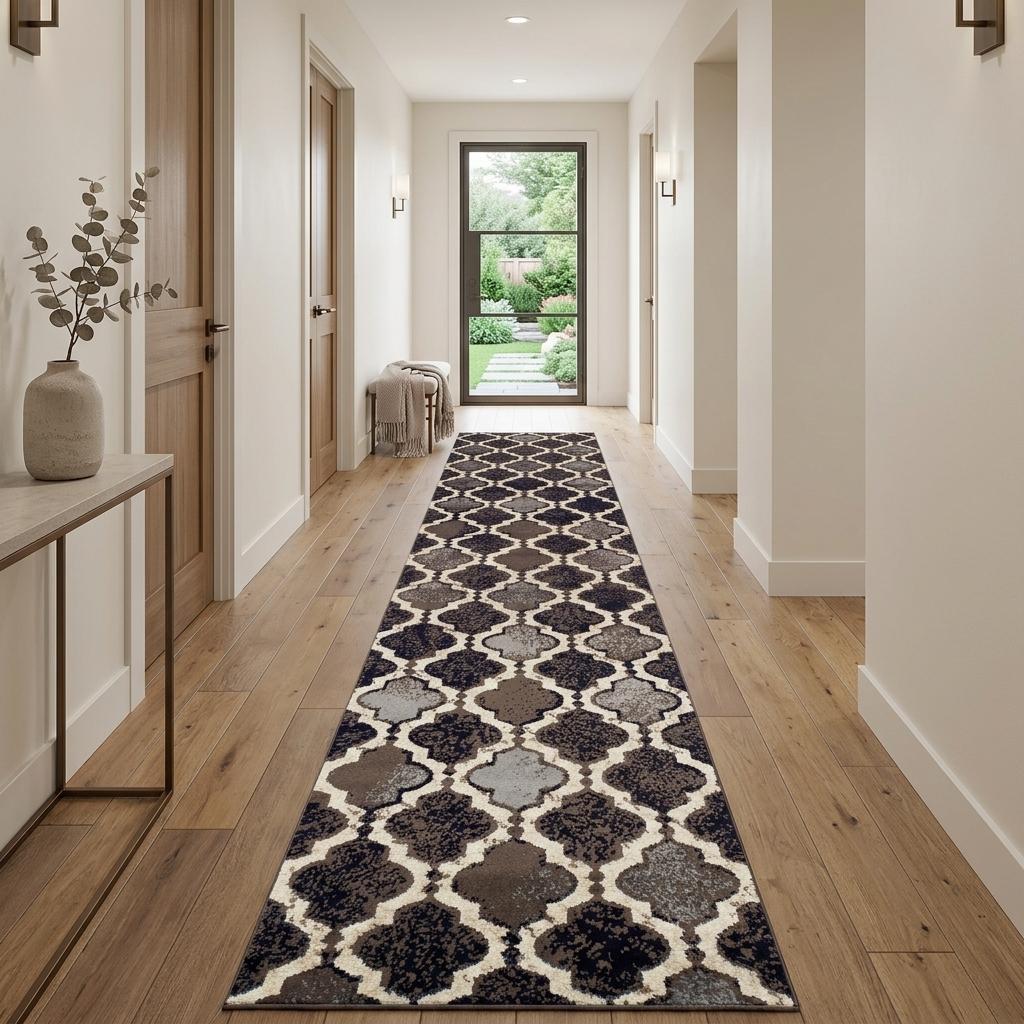 10' Brown Black And Ivory Quatrefoil Distressed Runner Rug