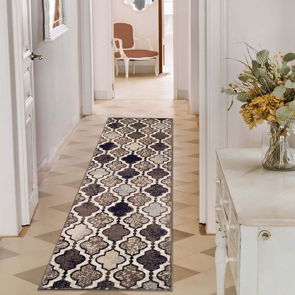 10' Ivory Brown And Black Quatrefoil Distressed Runner Rug