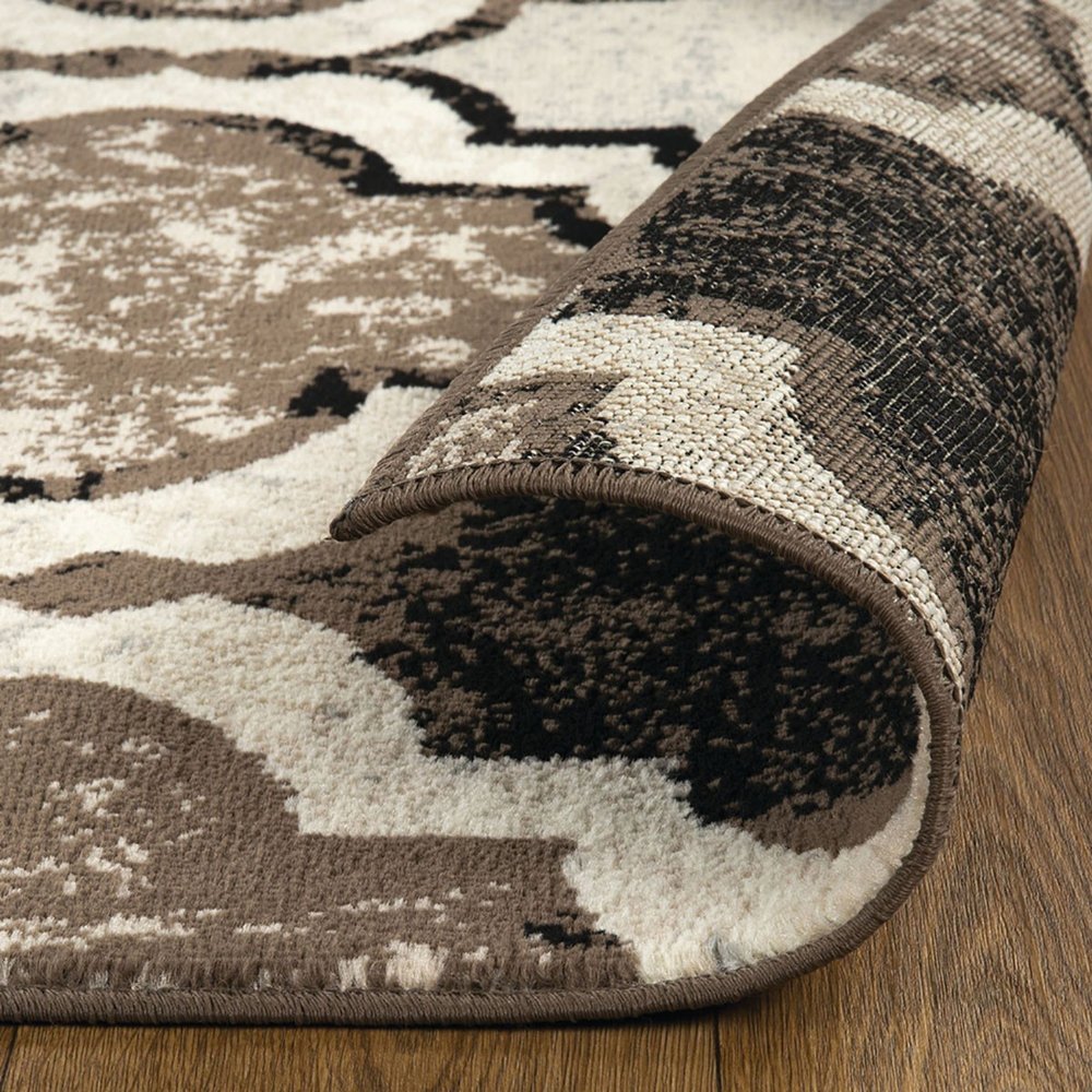 10' Ivory Brown And Black Quatrefoil Distressed Runner Rug