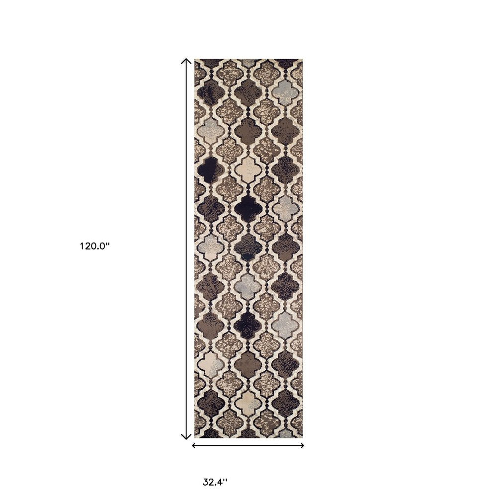 10' Ivory Brown And Black Quatrefoil Distressed Runner Rug