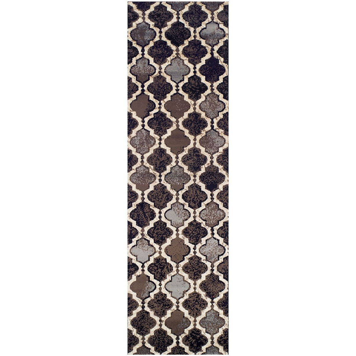 12' Chocolate Quatrefoil Power Loom Distressed Stain Resistant Runner Rug