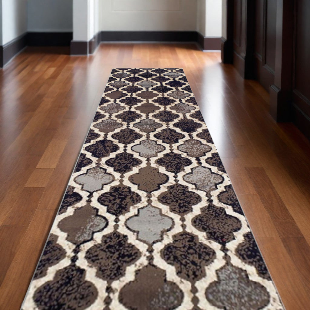 12' Chocolate Quatrefoil Power Loom Distressed Stain Resistant Runner Rug