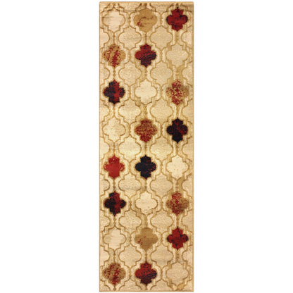8' Beige Brown And Red Quatrefoil Distressed Runner Rug