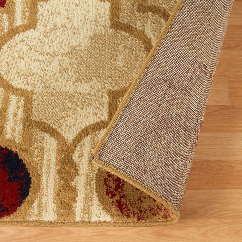 8' Beige Brown And Red Quatrefoil Distressed Runner Rug