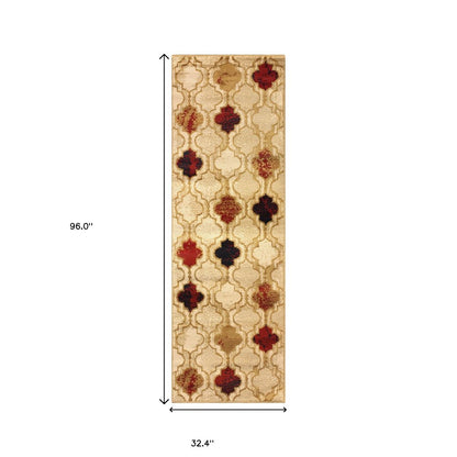 8' Beige Brown And Red Quatrefoil Distressed Runner Rug