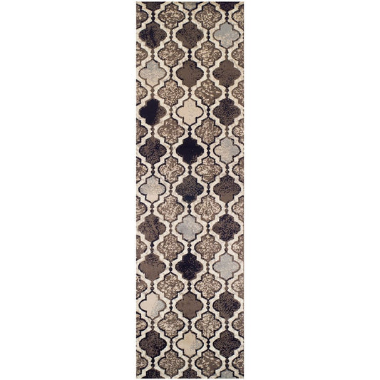 11' ivory, brown and black quatrefoil distressed runner rug.