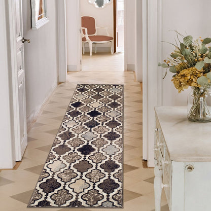 11' ivory, brown and black quatrefoil distressed runner rug