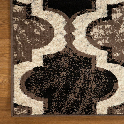 11' Ivory Brown And Black Quatrefoil Distressed Runner Rug