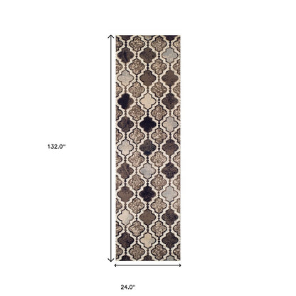 11' ivory, brown and black quatrefoil distressed runner rug