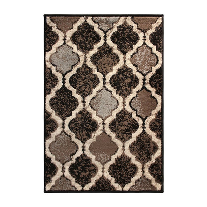 2' X 3' Brown Black And Ivory Quatrefoil Distressed Area Rug