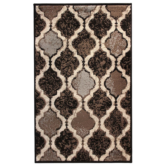 3' X 5' Brown Black And Ivory Quatrefoil Distressed Area Rug