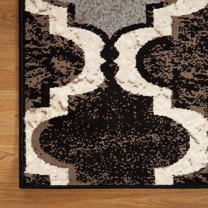 3' X 5' Brown Black And Ivory Quatrefoil Distressed Area Rug