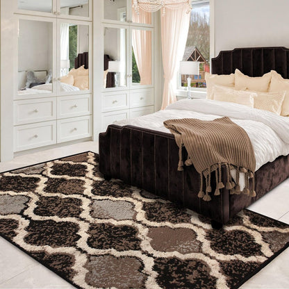 3' X 5' Brown Black And Ivory Quatrefoil Distressed Area Rug