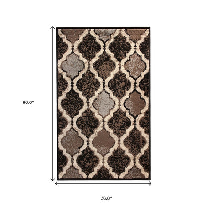 3' X 5' Brown Black And Ivory Quatrefoil Distressed Area Rug