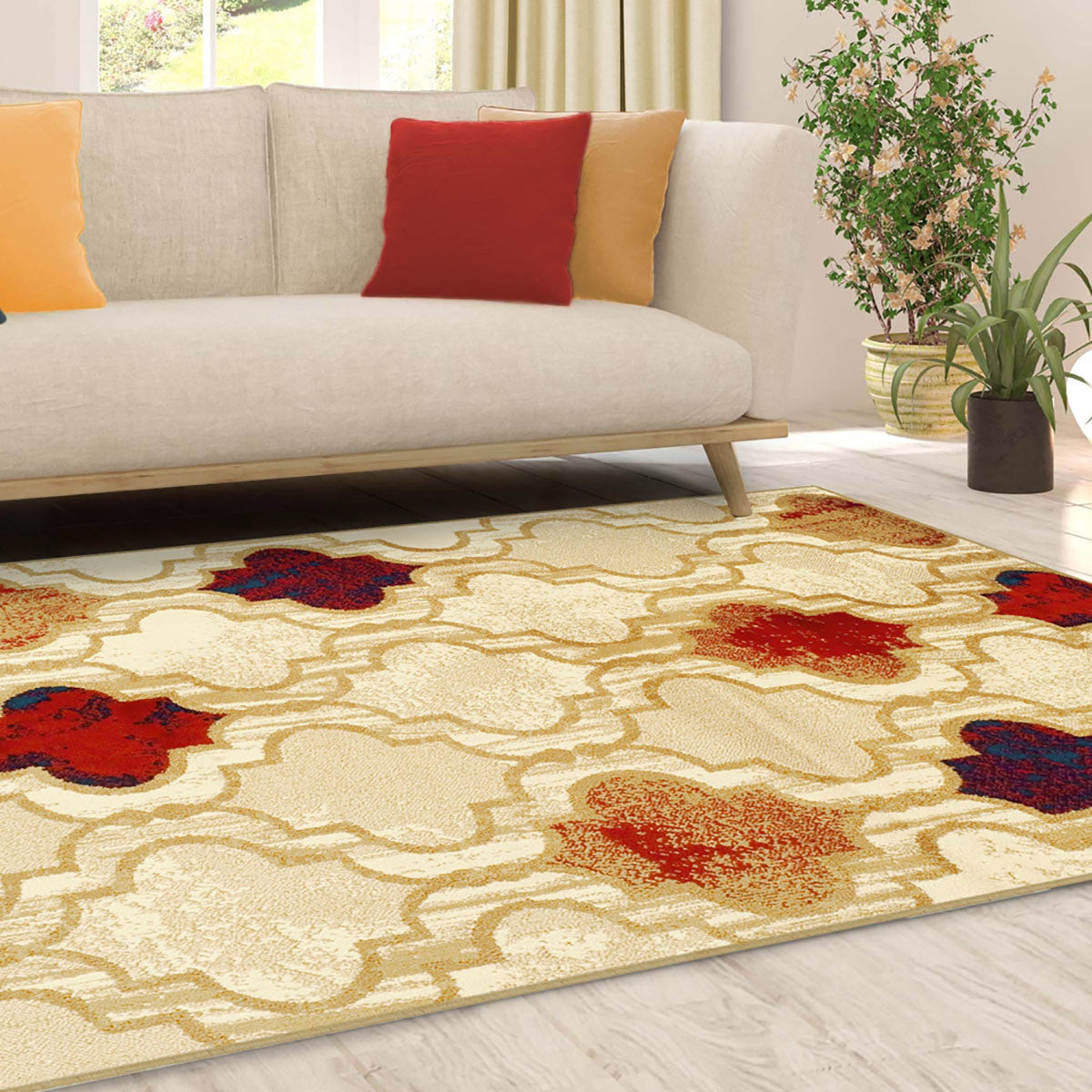 4' X 6' Beige Quatrefoil Power Loom Distressed Stain Resistant Area Rug