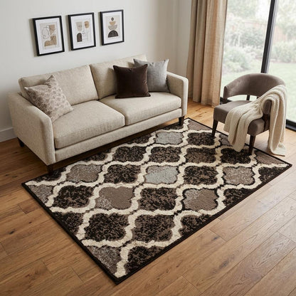 5' X 8' Brown Black And Ivory Quatrefoil Distressed Area Rug