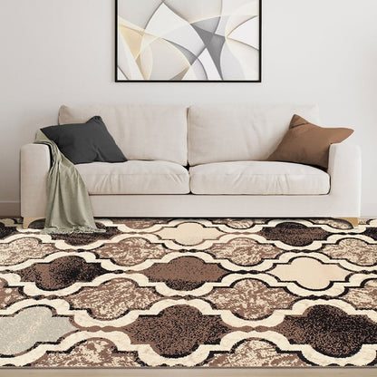 5' X 8' Ivory Brown And Black Quatrefoil Distressed Area Rug